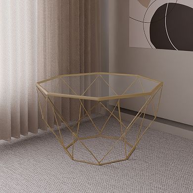 LeisureMod Malibu Large Modern Octagon Glass Top Coffee Table With Geometric Base