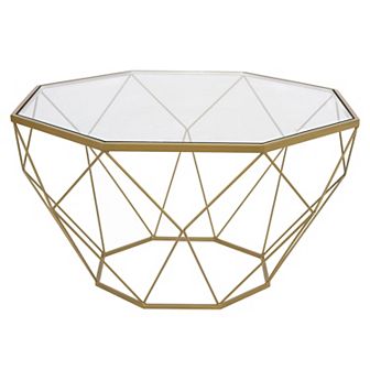 LeisureMod Malibu Large Modern Octagon Glass Top Coffee Table With Geometric Base