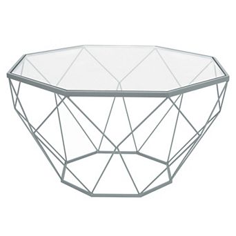 LeisureMod Malibu Large Modern Octagon Glass Top Coffee Table With Geometric Base