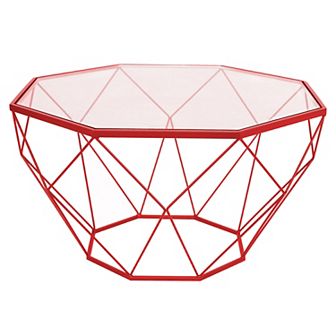 LeisureMod Malibu Large Modern Octagon Glass Top Coffee Table With Geometric Base
