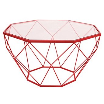 LeisureMod Malibu Large Modern Octagon Glass Top Coffee Table With Geometric Base