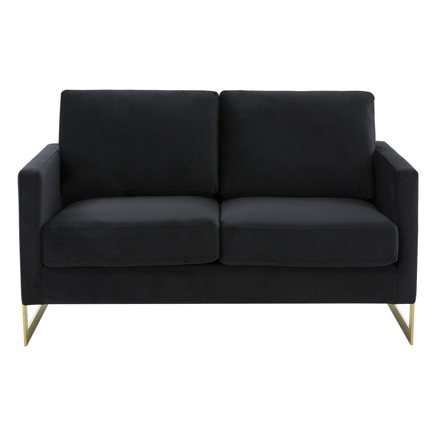 Black velvet loveseat with gold frame legs and boxy arms