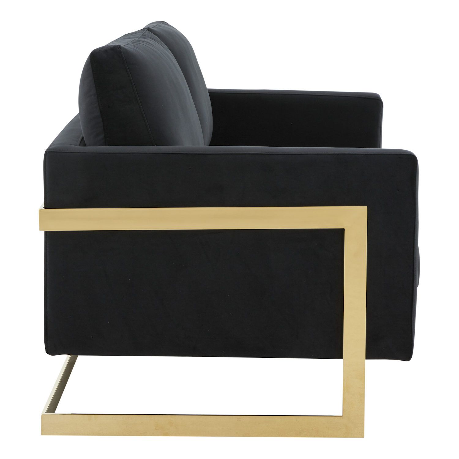 Black velvet loveseat with gold frame side panel and armrest