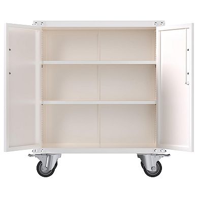 AOBABO Durable & Lockable Storage Cabinet w/Adjustable Shelves and Wheels, White