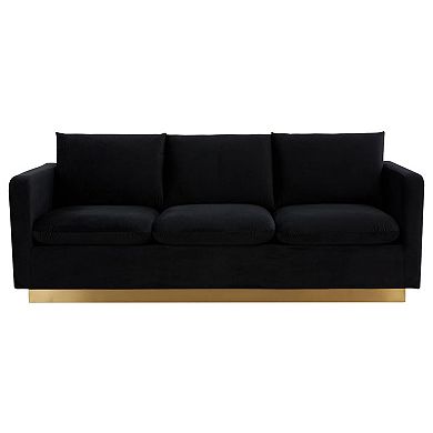 LeisureMod Nervo Modern Mid-Century Upholstered Velvet Sofa with Gold Frame