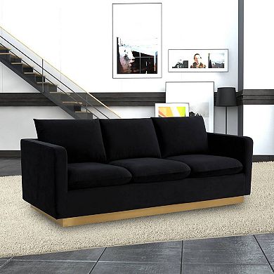LeisureMod Nervo Modern Mid-Century Upholstered Velvet Sofa with Gold Frame