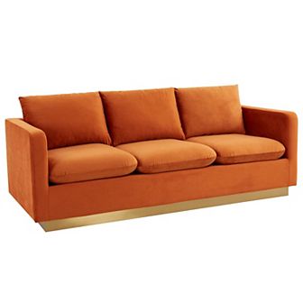 LeisureMod Nervo Modern Mid-Century Upholstered Velvet Sofa with Gold Frame