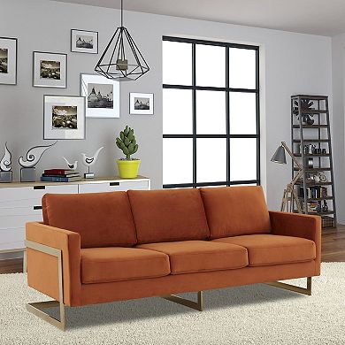 LeisureMod Lincoln Modern Mid-Century Upholstered Velvet Sofa with Gold Frame