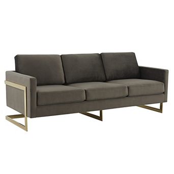 LeisureMod Lincoln Modern Mid-Century Upholstered Velvet Sofa with Gold Frame