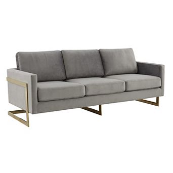 LeisureMod Lincoln Modern Mid-Century Upholstered Velvet Sofa with Gold Frame