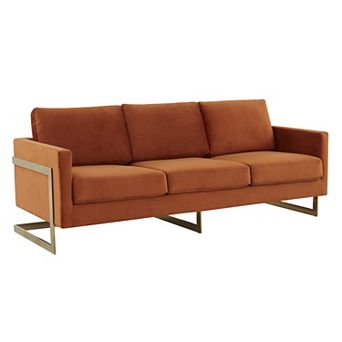LeisureMod Lincoln Modern Mid-Century Upholstered Velvet Sofa with Gold Frame