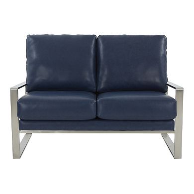 Leisuremod Jefferson Contemporary Modern Faux Leather Loveseat With Silver Frame