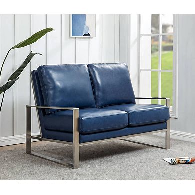 Leisuremod Jefferson Contemporary Modern Faux Leather Loveseat With Silver Frame