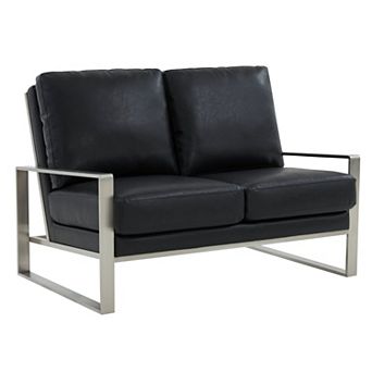 Leisuremod Jefferson Contemporary Modern Faux Leather Loveseat With Silver Frame