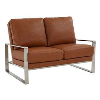 Leisuremod Jefferson Contemporary Modern Faux Leather Loveseat With Silver Frame