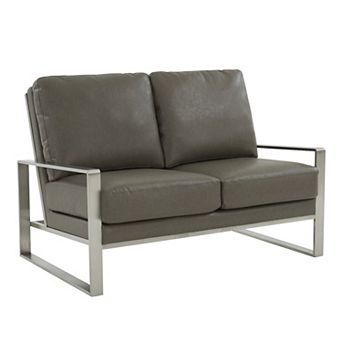 Leisuremod Jefferson Contemporary Modern Faux Leather Loveseat With Silver Frame