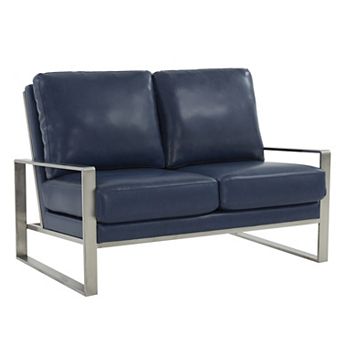 Leisuremod Jefferson Contemporary Modern Faux Leather Loveseat With Silver Frame