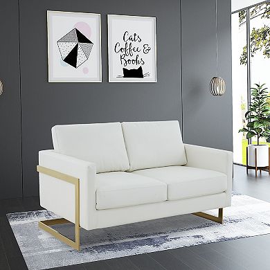 LeisureMod Lincoln Modern Mid-Century Upholstered Leather Loveseat with Gold Frame