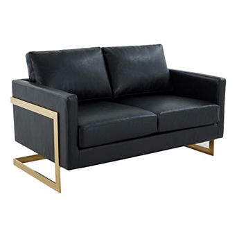 LeisureMod Lincoln Modern Mid-Century Upholstered Leather Loveseat with Gold Frame
