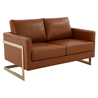 LeisureMod Lincoln Modern Mid-Century Upholstered Leather Loveseat with Gold Frame