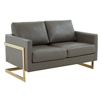LeisureMod Lincoln Modern Mid-Century Upholstered Leather Loveseat with Gold Frame