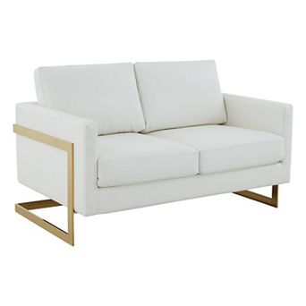 LeisureMod Lincoln Modern Mid-Century Upholstered Leather Loveseat with Gold Frame