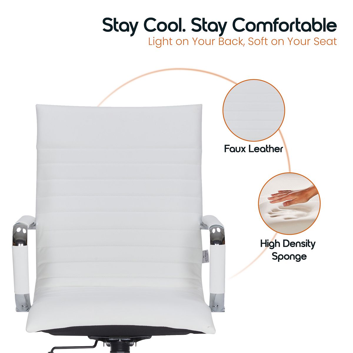 White high-back office chair features faux leather and high density sponge