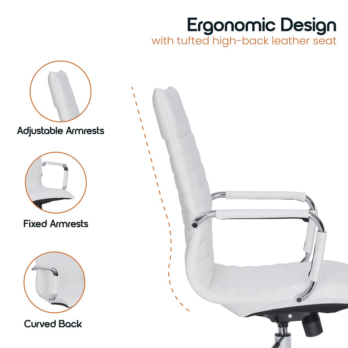 Ergonomic high-back office chair design with curved back and armrests