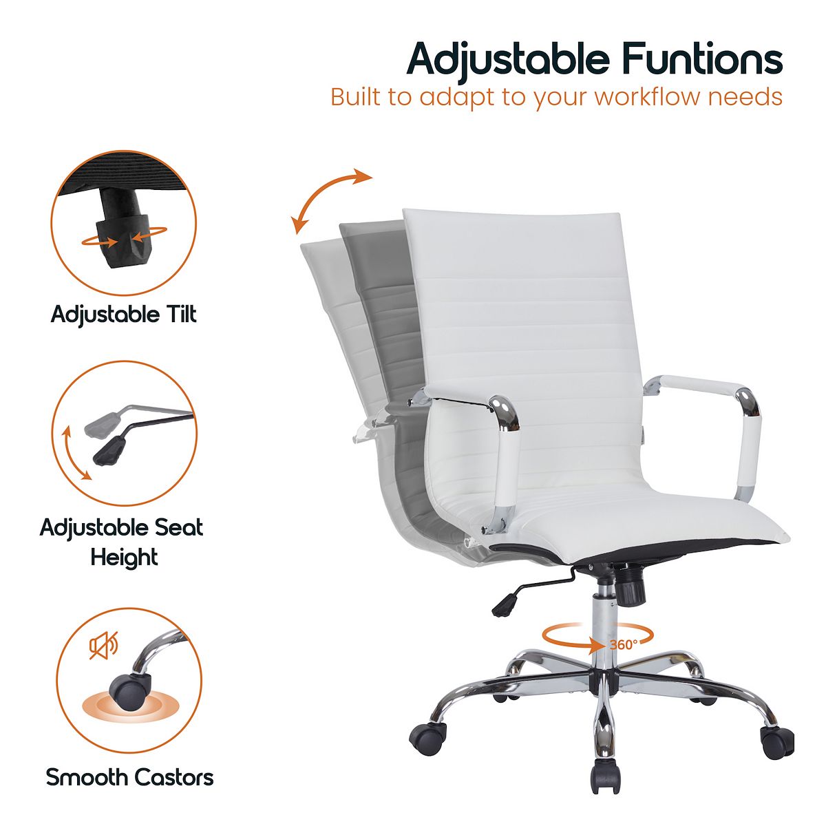 Adjustable functions high-back office chair with tilt, seat height and casters