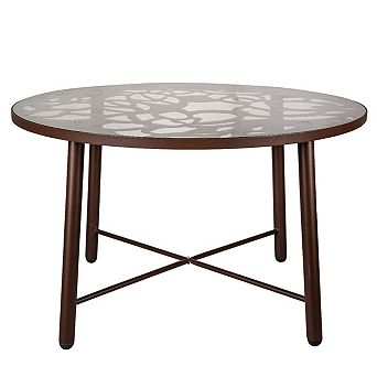 LeisureMod Devon Tree Design Glass Top Aluminum Base Indoor Outdoor Dining Table