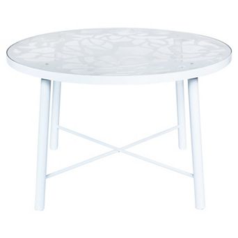 LeisureMod Devon Tree Design Glass Top Aluminum Base Indoor Outdoor Dining Table