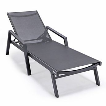 LeisureMod Marlin Patio Chaise Lounge Chair With Armrests in Black Aluminum Frame