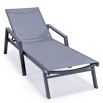 LeisureMod Marlin Patio Chaise Lounge Chair With Armrests in Black Aluminum Frame