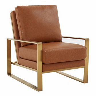 LeisureMod Jefferson Leather Modern Design Accent Armchair With Elegant Gold Frame
