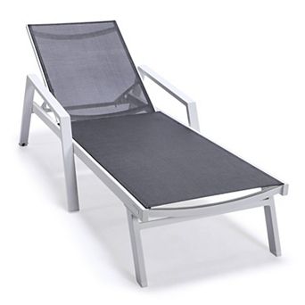 LeisureMod Marlin Patio Chaise Lounge Chair With Armrests in White Aluminum Frame