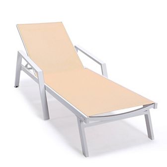 LeisureMod Marlin Patio Chaise Lounge Chair With Armrests in White Aluminum Frame