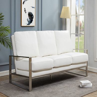 LeisureMod Jefferson Contemporary Modern Design Leather Sofa With Silver Frame
