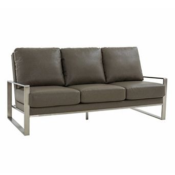 LeisureMod Jefferson Contemporary Modern Design Leather Sofa With Silver Frame