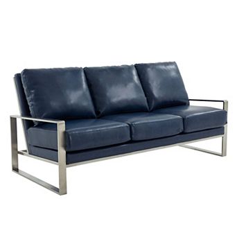 LeisureMod Jefferson Contemporary Modern Design Leather Sofa With Silver Frame