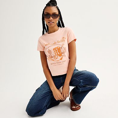 Juniors' Short Sleeve Rattlesnake Valley Ribbed Graphic Baby Tee