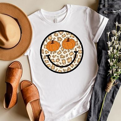 Pumpkin Leopard Smiley Short Sleeve Graphic Tee