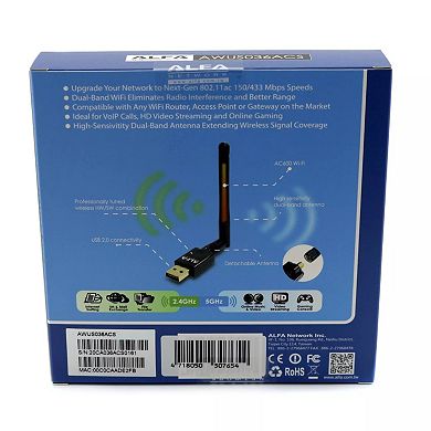 Alfa AWUS036ACS Dual-Band AC600 USB WiFi Adapter w/ Wide-Coverage & High-Sensitivity Antenna