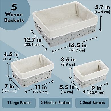 5 Pack Wicker Nesting Baskets With Cloth Lining For Shelves, Gray, 3 Sizes