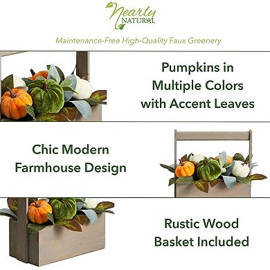 nearly natural 10" Artificial Fall Pumpkin Arrangement in Wood Basket