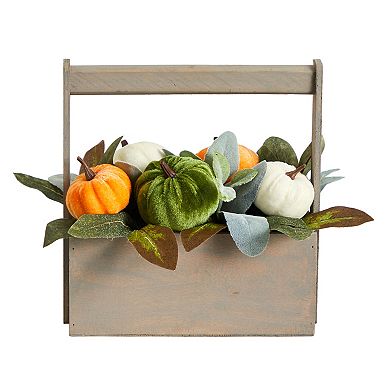 nearly natural 10" Artificial Fall Pumpkin Arrangement in Wood Basket