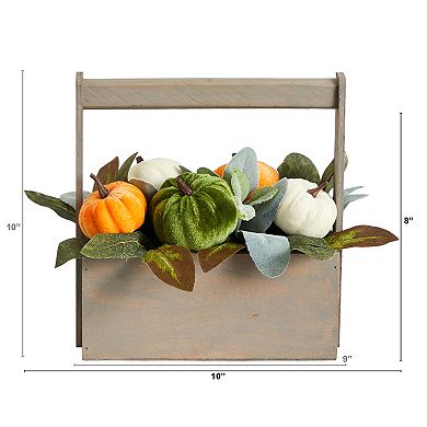 nearly natural 10" Artificial Fall Pumpkin Arrangement in Wood Basket