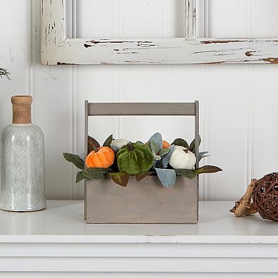 nearly natural 10" Artificial Fall Pumpkin Arrangement in Wood Basket