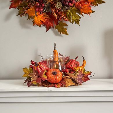 nearly natural Pumpkin, Gourd, Berry and Maple Leaf Artificial Arrangement Candelabrum