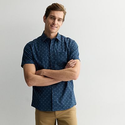 Men's FLX Tech Mesh Slim-Fit Short Sleeve Button-Down, Size: Large SLIM, Navy Daisy Geo