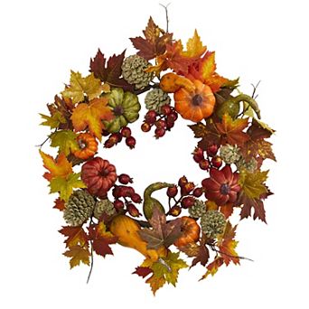 nearly natural 24" Pumpkin, Gourd, Berry and Maple Leaf Artificial Wreath